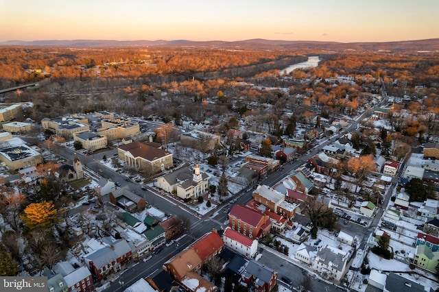 view of aerial view at dusk