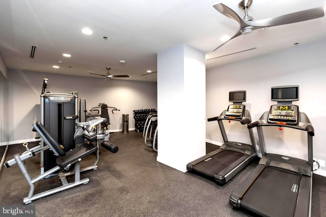 workout area featuring ceiling fan