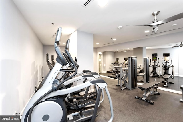 exercise room with ceiling fan