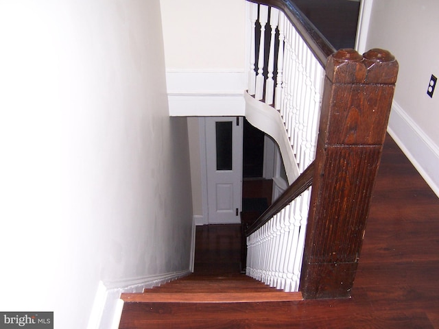 stairway featuring hardwood / wood-style flooring