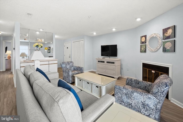 living room featuring hardwood / wood-style flooring and a textured ceiling