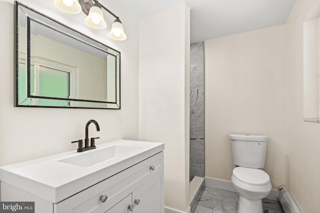 bathroom with baseboard heating, walk in shower, vanity, and toilet