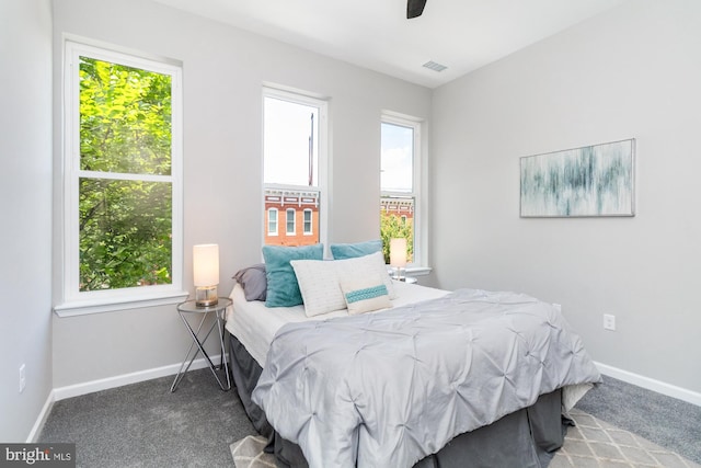 bedroom featuring carpet floors and ceiling fan