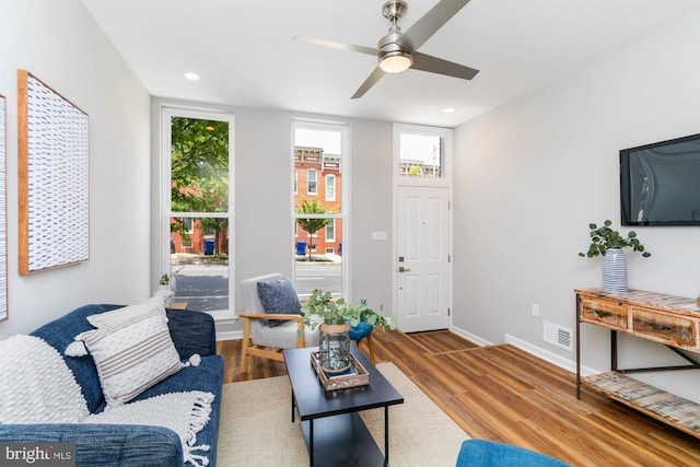 living room with hardwood / wood-style floors and ceiling fan