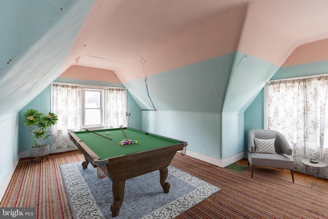 recreation room featuring vaulted ceiling and pool table