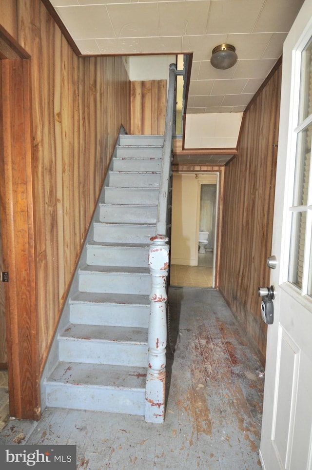 staircase featuring wooden walls