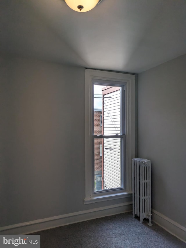 spare room featuring radiator heating unit, carpet floors, and a wealth of natural light