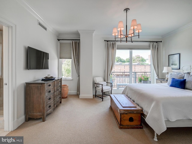 carpeted bedroom featuring ornamental molding and a chandelier