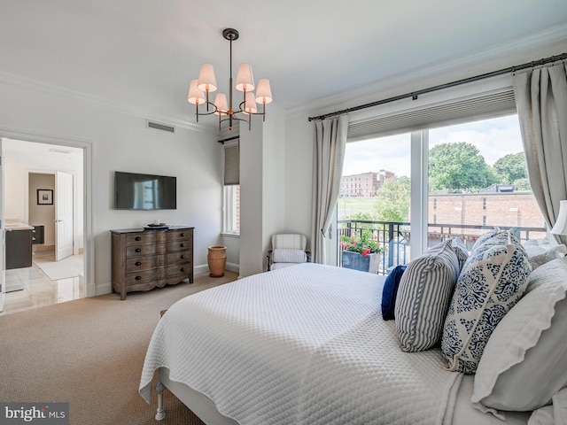 carpeted bedroom featuring ornamental molding, access to outside, and an inviting chandelier