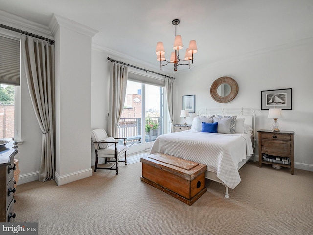 bedroom featuring access to exterior, light colored carpet, crown molding, and a notable chandelier