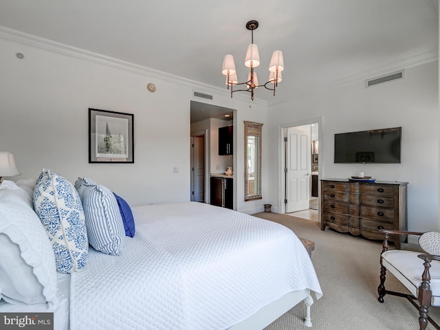 carpeted bedroom with connected bathroom, crown molding, and a notable chandelier