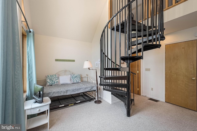 interior space featuring carpet floors and lofted ceiling