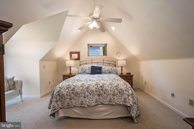 bedroom featuring ceiling fan, light colored carpet, and lofted ceiling