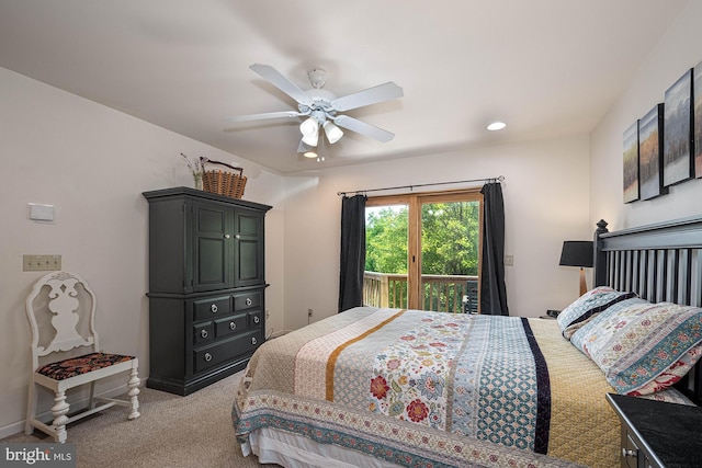 bedroom with ceiling fan and light colored carpet