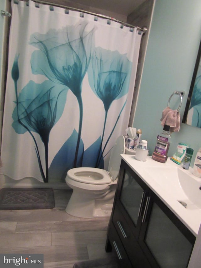 bathroom with wood-type flooring, toilet, and vanity