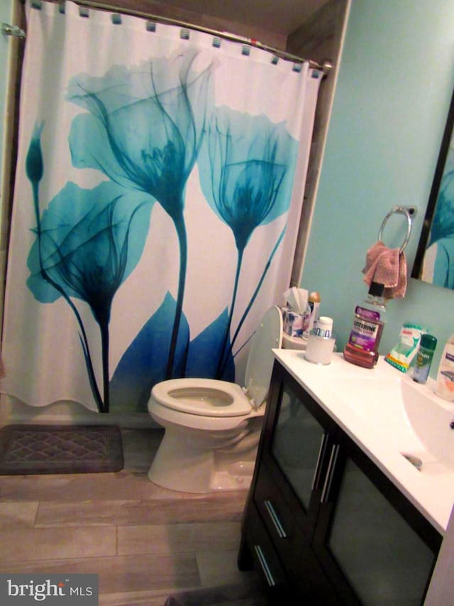 bathroom featuring hardwood / wood-style flooring, toilet, and vanity