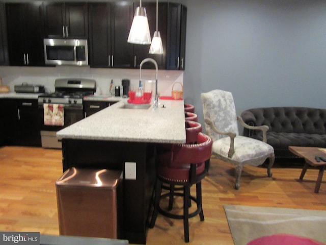 kitchen featuring light hardwood / wood-style floors, sink, hanging light fixtures, and stainless steel appliances