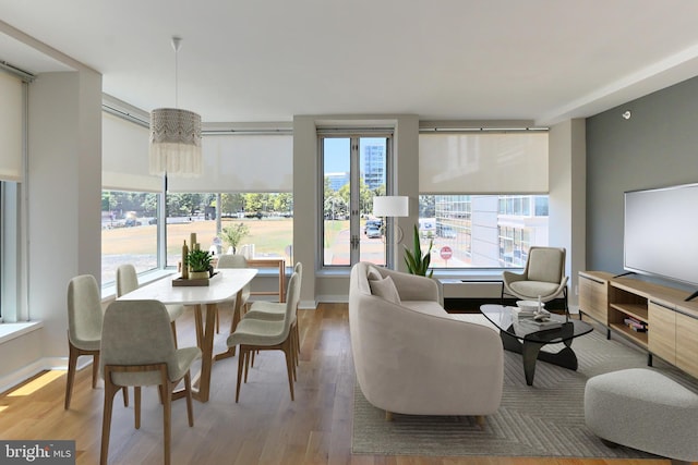 dining area with a wealth of natural light, a chandelier, and wood-type flooring