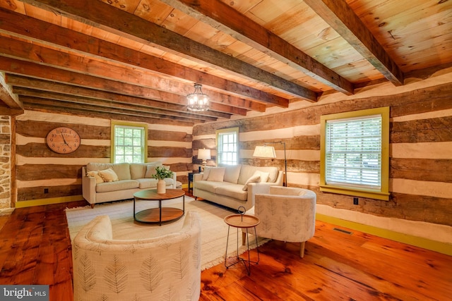 living room featuring beam ceiling, hardwood / wood-style flooring, plenty of natural light, and wood ceiling