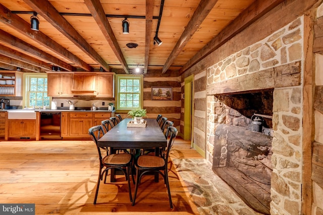 dining area with light wood-type flooring, rail lighting, sink, beam ceiling, and wooden ceiling