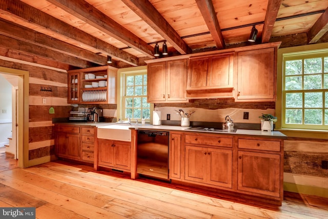 kitchen with dishwasher, beamed ceiling, light hardwood / wood-style floors, cooktop, and wood ceiling