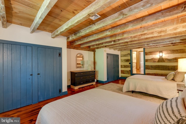 bedroom with beam ceiling, dark hardwood / wood-style floors, and wood ceiling