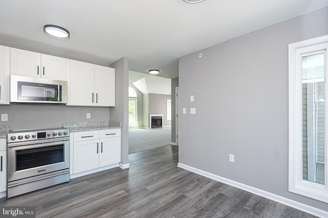 kitchen featuring dark hardwood / wood-style flooring, light stone counters, white cabinetry, and stainless steel appliances