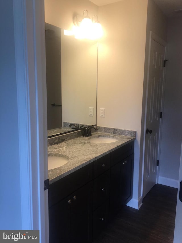 bathroom with vanity and wood-type flooring