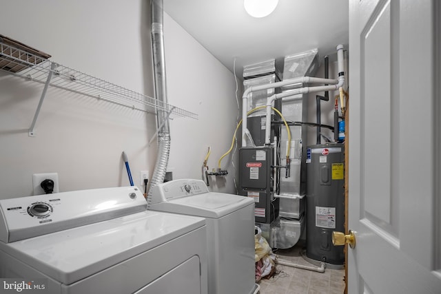 laundry room with electric water heater, separate washer and dryer, and heating unit