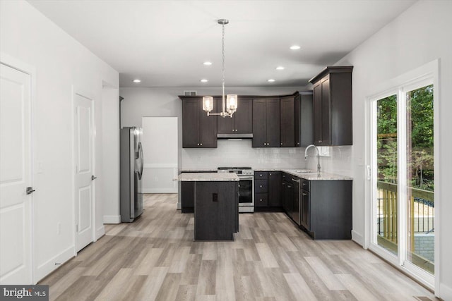 kitchen with decorative backsplash, appliances with stainless steel finishes, dark brown cabinets, pendant lighting, and a center island