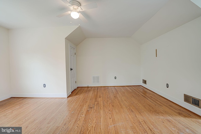 additional living space featuring ceiling fan, light hardwood / wood-style flooring, and lofted ceiling