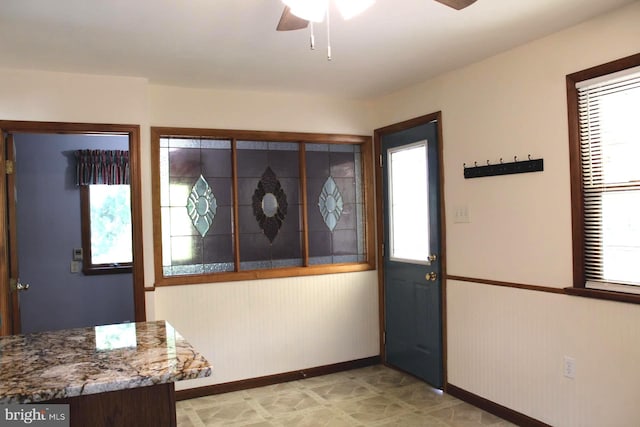 entrance foyer with ceiling fan and a healthy amount of sunlight