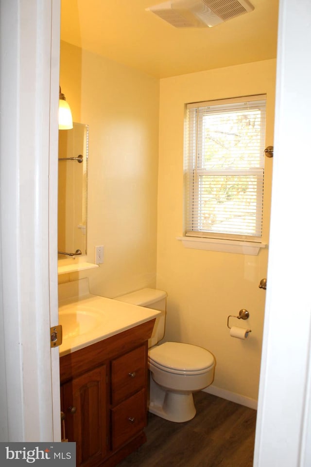 bathroom with vanity, toilet, and wood-type flooring