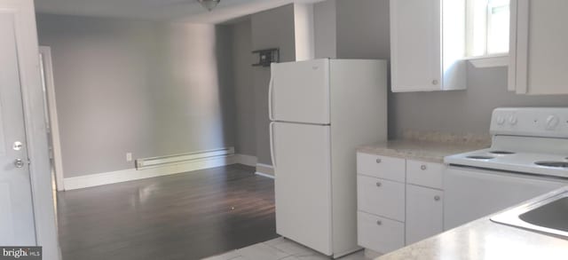 kitchen featuring light hardwood / wood-style flooring, white cabinets, and white appliances