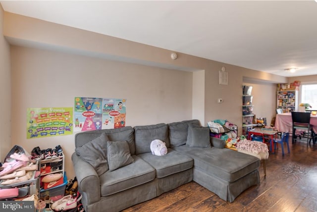 living room with dark hardwood / wood-style flooring