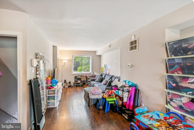 playroom with dark hardwood / wood-style floors