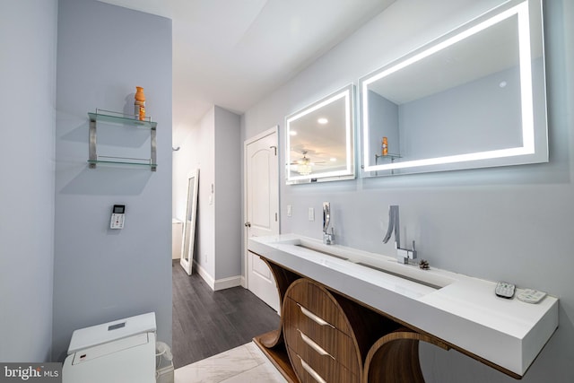 bathroom featuring hardwood / wood-style flooring and vanity