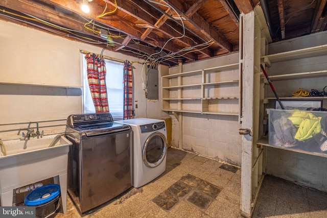 washroom featuring electric panel and washer and clothes dryer