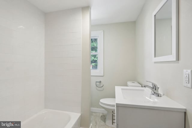 full bathroom featuring vanity, toilet, and washtub / shower combination