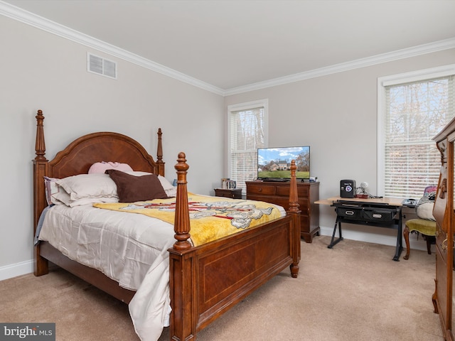 bedroom featuring ornamental molding, light carpet, and multiple windows