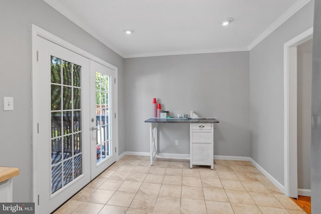 unfurnished office featuring light tile patterned floors, french doors, and ornamental molding