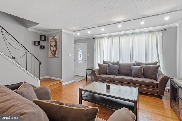 living room with ornamental molding, a textured ceiling, and light hardwood / wood-style floors