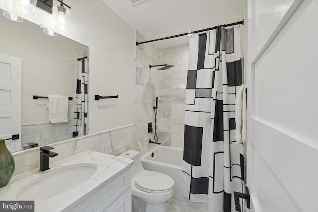 full bathroom with toilet, vanity, and shower / tub combo with curtain