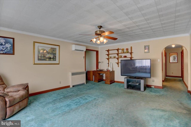 living room with radiator, crown molding, carpet floors, and a wall mounted AC