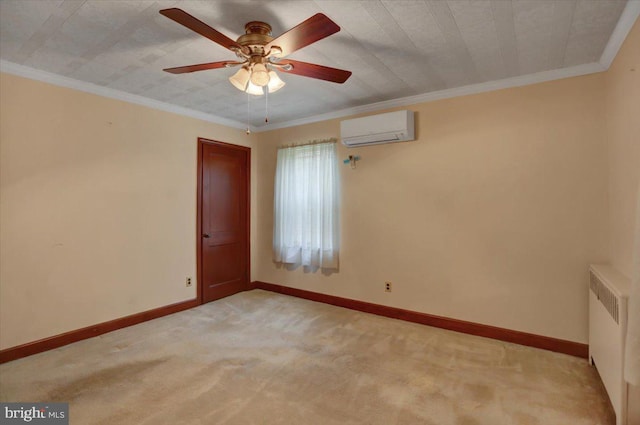 carpeted spare room featuring ceiling fan, radiator heating unit, an AC wall unit, and ornamental molding