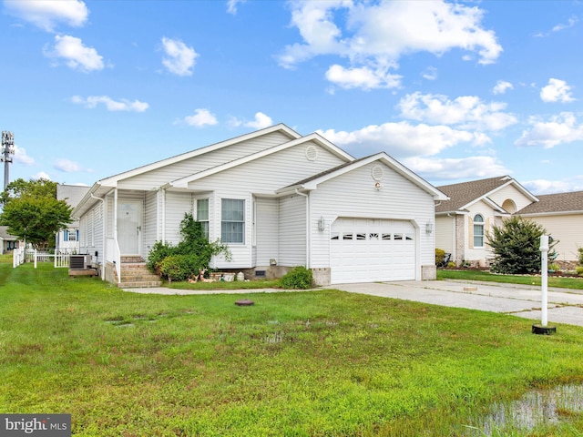 single story home featuring a garage, central air condition unit, and a front lawn