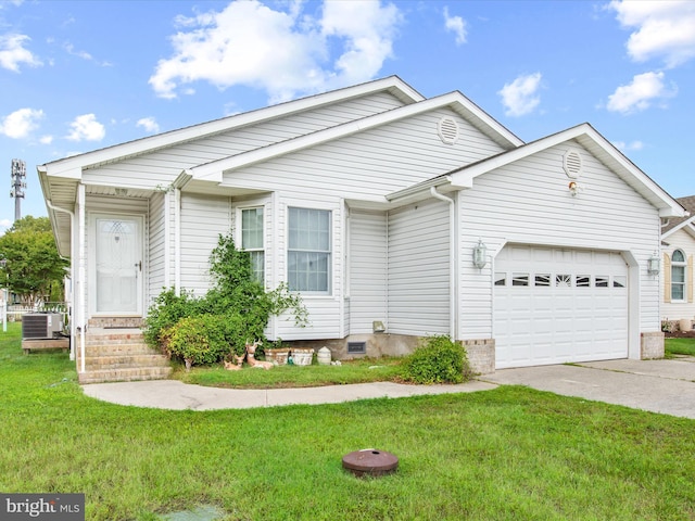 view of front of house with a garage, central air condition unit, and a front lawn