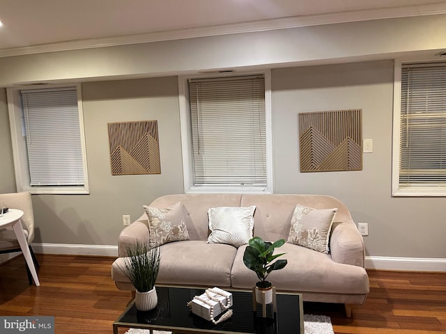 living room featuring hardwood / wood-style flooring and ornamental molding