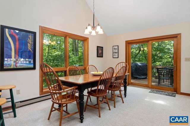 dining area featuring high vaulted ceiling, a baseboard radiator, an inviting chandelier, and plenty of natural light