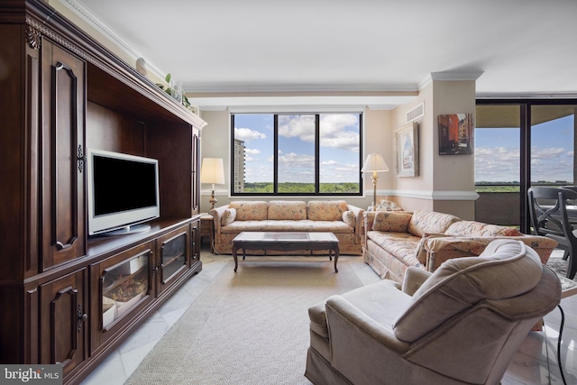 living room with crown molding and light tile patterned floors